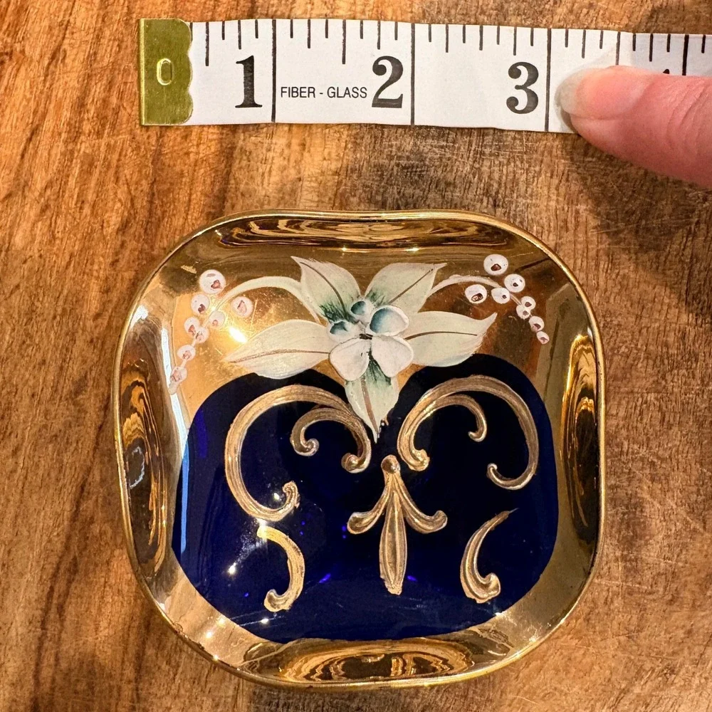Vintage‎ Trinket Dish Blue Gold Hand Painted Floral Made in Italy Glass